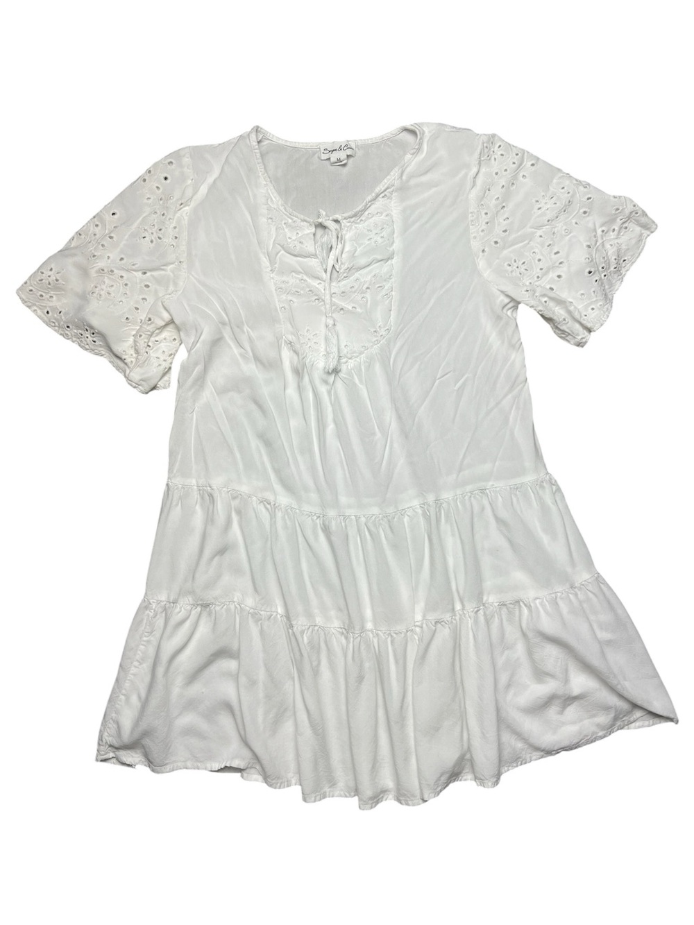 Sugar & Cream Eyelet Sleeve White Peasant Mini Dress Women’s Size Medium